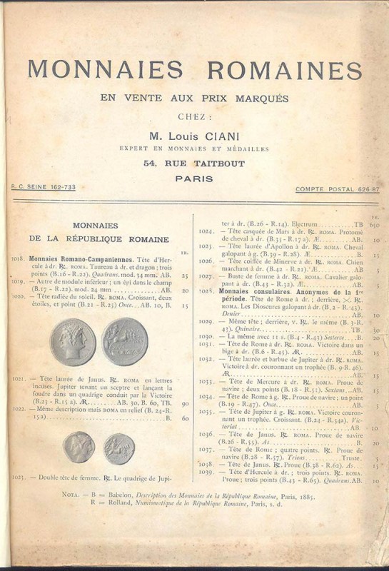 CIANI LOUIS – Paris s.d. Vente a prix marques ; Monnaies romaines de la Republiq...