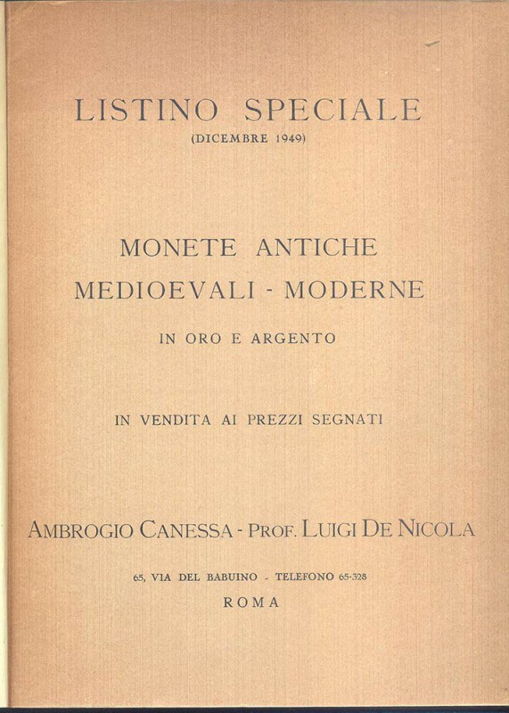 DE NICOLA LUIGI- AMBROGIO CANESSA – Roma, 1949 Listino speciale (Dicembre 1949) ...