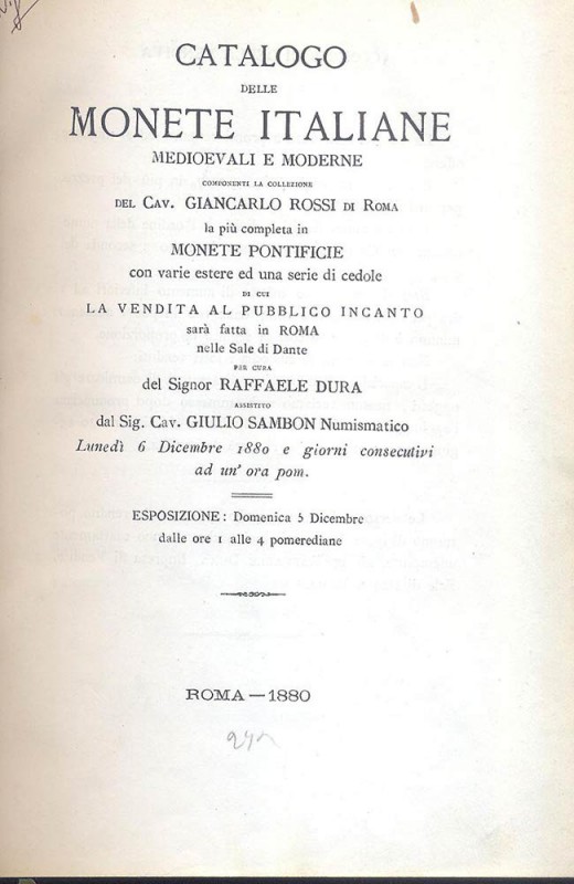 DURA RAFFAELE – Roma, 6- Dicembre-1880. Catalogo delle monete italiane medioeval...