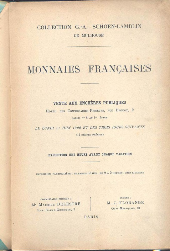 FLORANGE J. M. – Paris, 11-6-1900. Collection G.- A. Schoen-Lamblin de Mulhouse....
