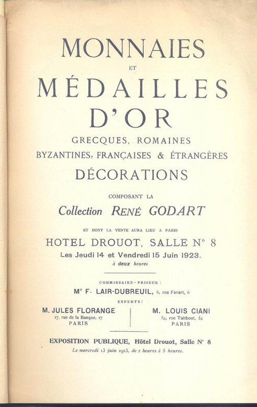FLORANGE J. M. – CIANI LOUIS. Paris, 14/ 15-6-1923. Collection Rene Godart, monn...