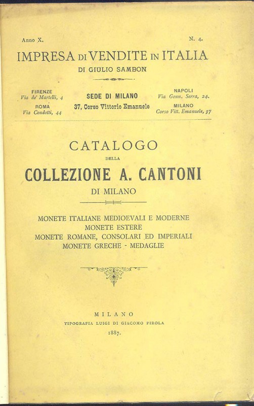 SAMBON GIULIO – Milano 25-4-1887. Catalogo della collezione A. Cantoni di Milano...