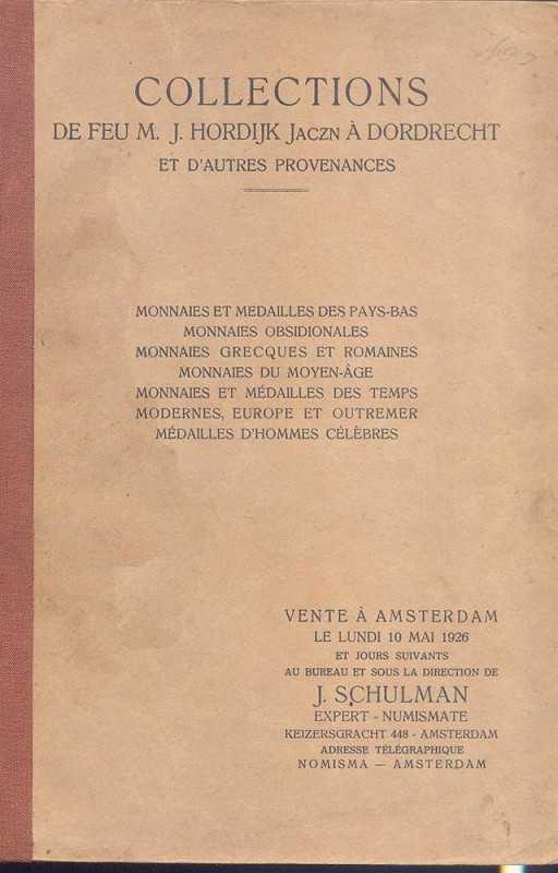 SCHULMAN J. – Amsterdam 10-5-1926. Collection de feu M. J. Hordijk Jaczn a Dordr...