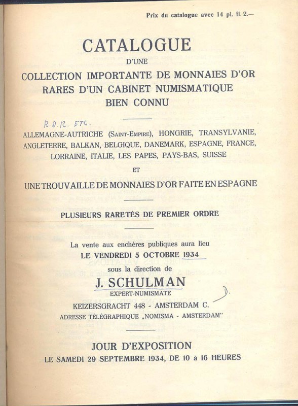 SCHULMAN J. – Amsterdam 5-10-1934. Catalogue d’une collection importante de monn...