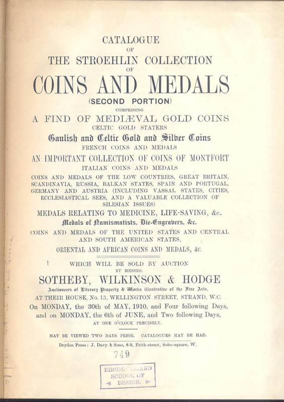 SOTHEBY,WILKINSON & HODGE – London 30-5/ 6-6-1910. Catalogue of the Stroehlin co...