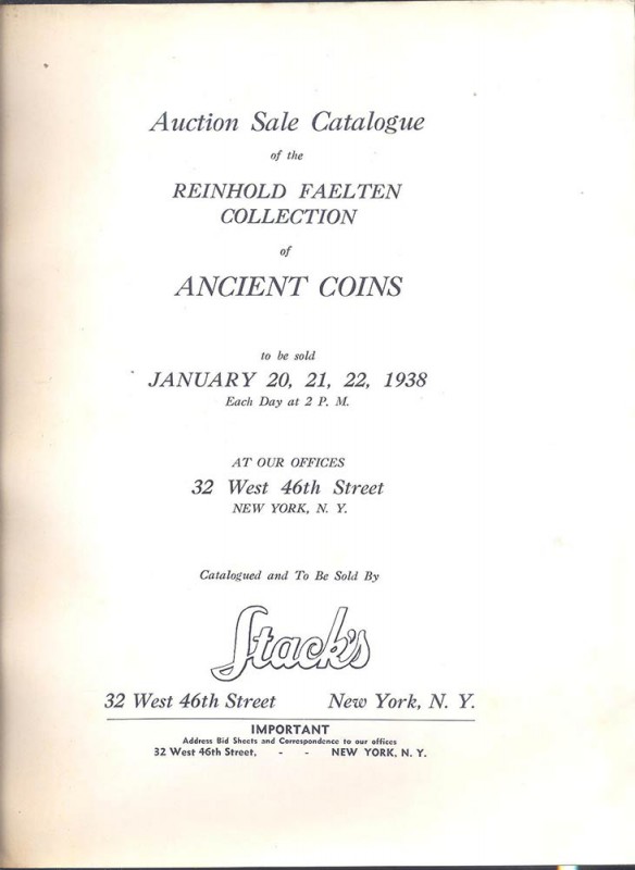 STACKS – New York 20/22-1-1938. Auction sale catalogue of the reinhold Faelten. ...