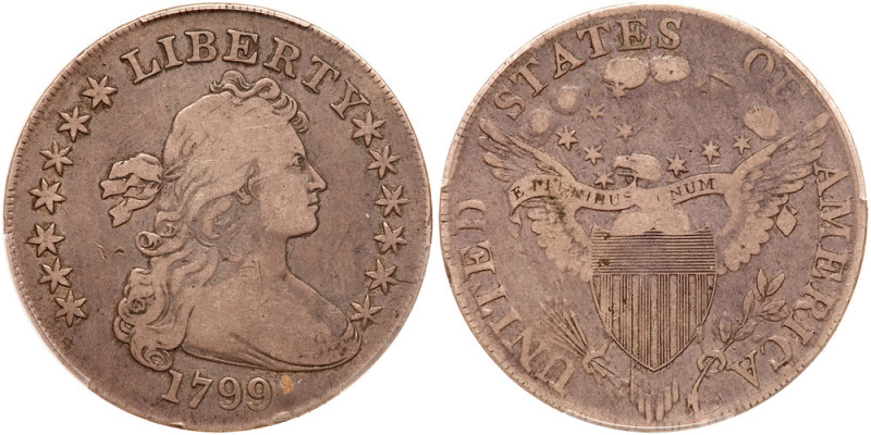 1799 Draped Bust Dollar. Irregular date, 13 stars on reverse. PCGS F15

1799. ...