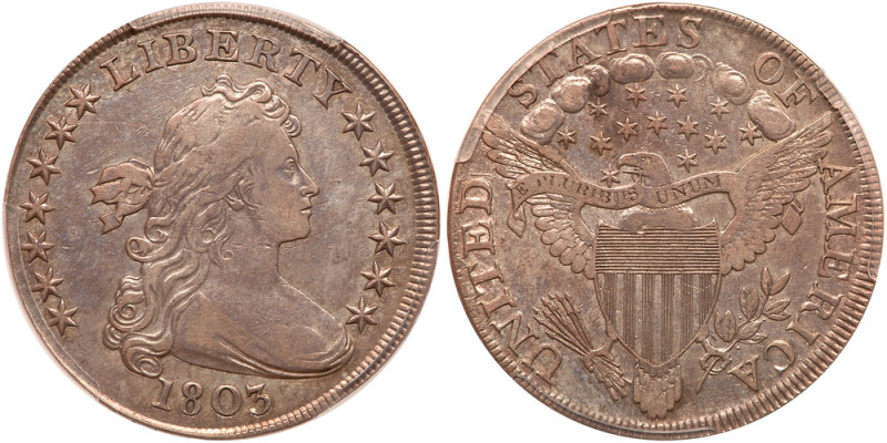 1803 Draped Bust Dollar. Large 3

1803. Large 3. B-6; BB-255. PCGS Genuine, Cl...