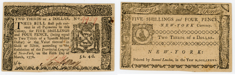 New York. March 5, 1776. Five Shillings and Four Pence (2/3rd of Dollar)

New ...