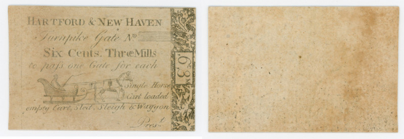 1799 Hartford & New Haven Turnpike Six Cents. Three Mills. EF

1799 Hartford &...