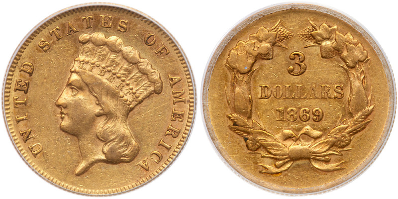 1869 $3 Gold. PCGS AU50

1869. PCGS graded AU-50. Well struck with attractive ...