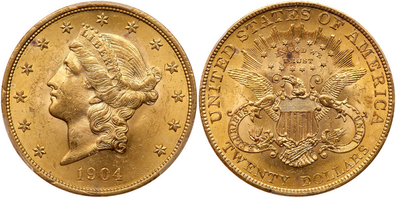 1904 $20 Liberty. PCGS MS62

1904. PCGS graded MS-62. Delicate gold toning on ...