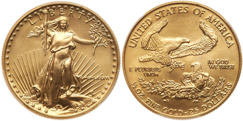 1986 $25 Gold Eagle. PCGS MS69

1986 $25 &frac12; oz Gold Eagle. PCGS graded M...