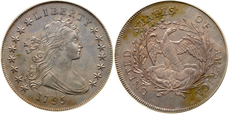 1795 Draped Bust Dollar. PCGS AU58

1795 Centered Bust. B-15; BB-52. PCGS grad...