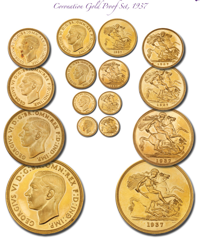 Great Britain. Coronation Gold Set: 5 and 2 Pounds, Sovereign and Half Sovereign...