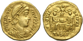 Teodosio I (379-395), Solido, Tessalonica, Au 20 mm 4,48 g , Sear-20406, sospetta provenienza da montatura, q.SPL