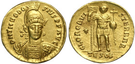 Teodosio II (402-450), Solido, Tessalonica, Au 20 mm 4,26 g , Sear-21138, graffietti al dritto, q.SPL