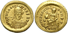 Teodosio II (402-450), Solido, Costantinopoli, Au 21 mm 4,43 g , Sear-21140, graffietti al dritto, buon BB
