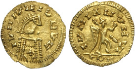 Regno Visigoto, emissioni pseudo imperiali, tra Giustiniano I e Giustino II (VI sec. D.c.), Tremisse, Au 18 mm 1,37 g , q.SPL