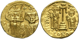 Costante II con Costantino IV (654-668), Solido, Costantinopoli, Au 19 mm 4,34 g , Sear-964, debolezze di conio altrimenti q.FDC