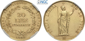 Milano, Governo Provvisorio di Lombardia (1848), 20 Lire 1848, RR Au 21 mm 6,45 g , in Slab NGC AU58