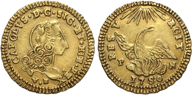 Palermo, Carlo di Borbone (1734-1759), Oncia d'oro 1750-FN, Au 22 mm 4,39 g , BB...