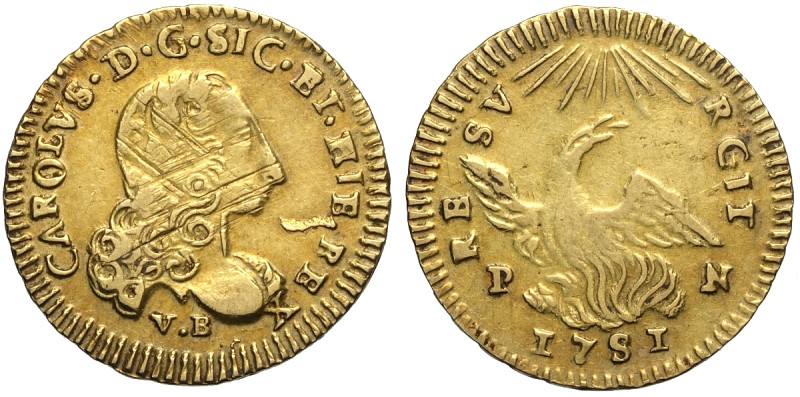 Palermo, Carlo di Borbone (1734-1759), Oncia d'oro 1751, Au 22 mm 4,33 g , BB-SP...