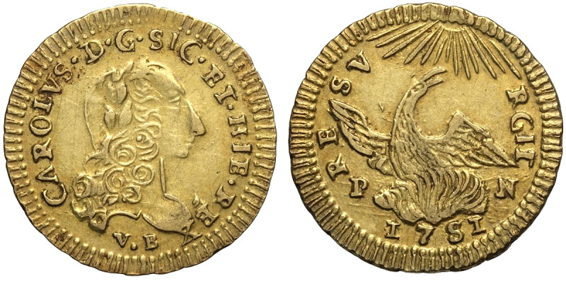 Palermo, Carlo di Borbone (1734-1759), Oncia d'oro 1751, Au 22 mm 4,36 g , BB+