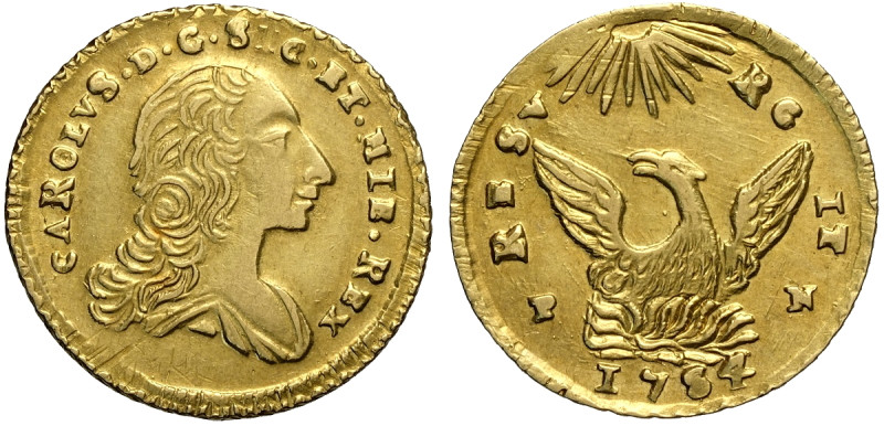 Palermo, Carlo di Borbone (1734-1759), Oncia d'oro 1754-PN, Au 22 mm 4,36 g , SP...