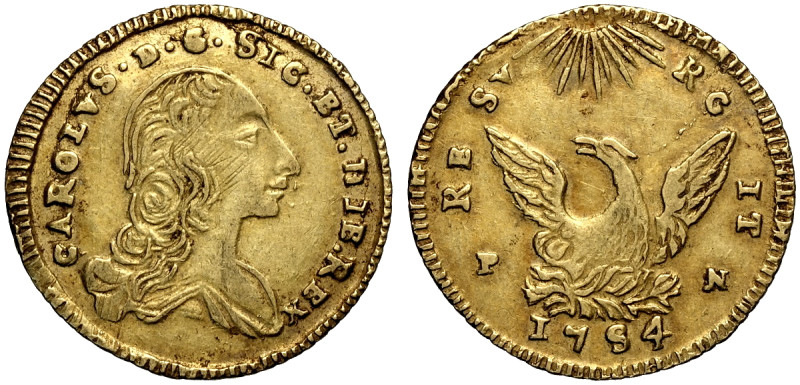 Palermo, Carlo di Borbone (1734-1759), Oncia d'oro 1754-PN, Au 22 mm 4,37 g , BB...