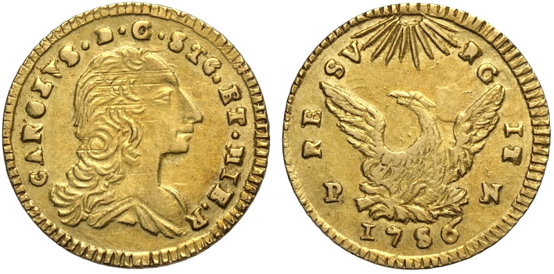 Palermo, Carlo di Borbone (1734-1759), Oncia d'oro 1756, Rara Au 22 mm 4,39 g , ...