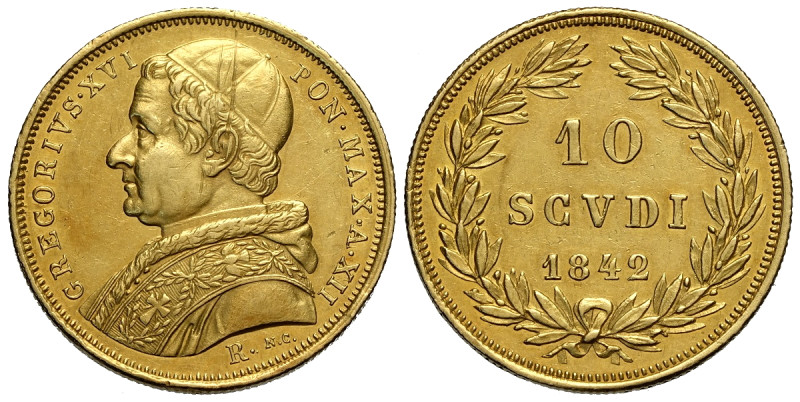 Roma, Gregorio XVI (1831-1846), 10 Scudi 1842-XII, RRR Au 28 mm 17,32 g , milles...