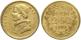 Roma, Pio IX (1846-1870), 2,50 Scudi 1860-XV, Au 19 mm , BB-SPL