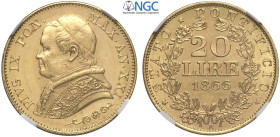 Roma, Pio IX (1846-1870), 20 Lire 1866-XXI, Au 22 mm , conservazione eccezionale, in Slab NGC MS65