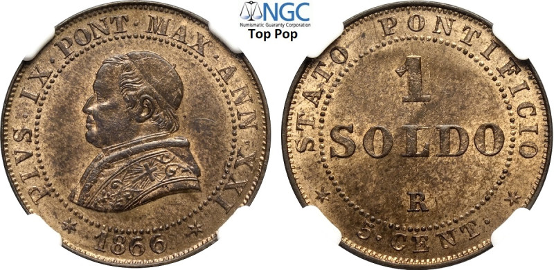 Roma, Pio IX (1846-1870), Soldo da 5 Centesimi 1866-XXI Busto piccolo, Cu 26 mm ...