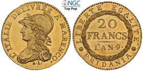 Torino, Repubblica Subalpina (1800-1802), 20 Franchi (Francs) L'AN 9, Rara Au 22 mm 6,45 g , di qualità impareggiabile per questa tipologia difficilme...