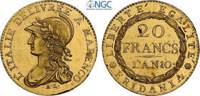 Torino, Repubblica Subalpina (1800-1802), 20 Franchi (Francs) L'AN 10, Rara Au 22 mm 6,45 g , alta conservazione, in Slab NGC MS62