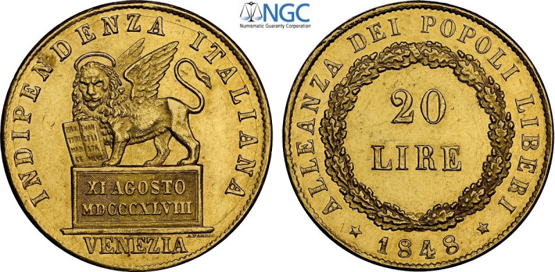 Venezia, Governo Provvisorio (1848), 20 Lire 1848, RR Au 21 mm 6,45 g , di ottim...