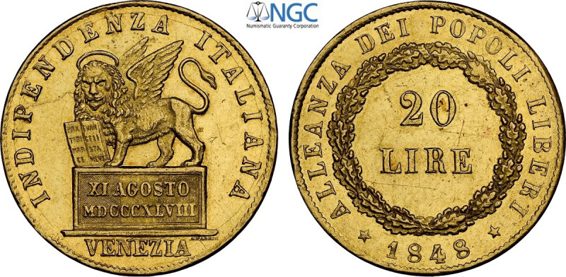 Venezia, Governo Provvisorio (1848), 20 Lire 1848, RR Au 21 mm 6,45 g , in Slab ...