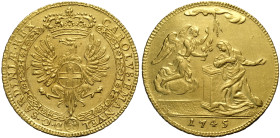 Savoia, Carlo Emanuele III (1755-1773), 4 Zecchini 1745, RRR Au 32 mm 13,83 g , Ex collezione Sen. Dosi, 100. Ex asta Varesi-80 lotto-478 "esemplare d...
