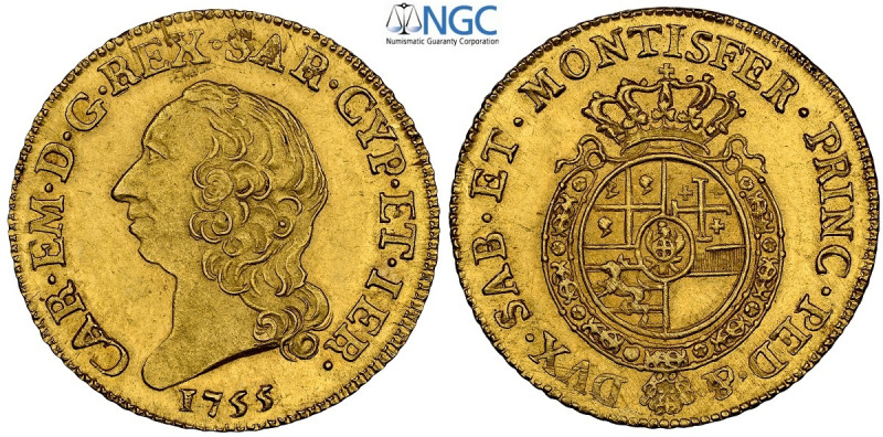 Savoia, Carlo Emanuele III (1755-1773), Doppia 1755, Rara Au 26 mm , di alta qua...