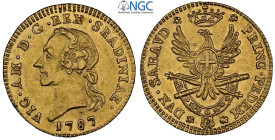 Savoia, Vittorio Amedeo III (1773-1796), Mezza Doppia 1787 con errore di legenda SRADINIAE anziché SARDINIAE. RRR Au 20 mm , in Slab NGC MS61