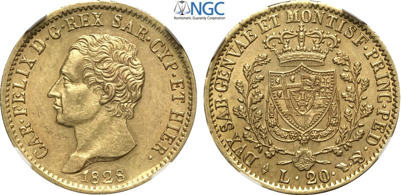 Savoia, Carlo Felice (1821-1831), 20 Lire 1828-L, Au 21 mm , qualità inusuale pe...