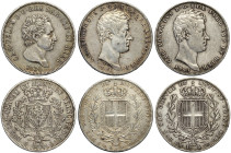 Savoia, Lotto di 5 Lire (3): 1830 Genova (BB-SPL); 1840 Genova (BB); 1847 Genova (BB)