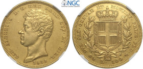 Savoia, Carlo Alberto (1831-1849), 100 Lire 1832 Genova, Au 34 mm , in Slab NGC AU-cleaned (lieve pulitura)