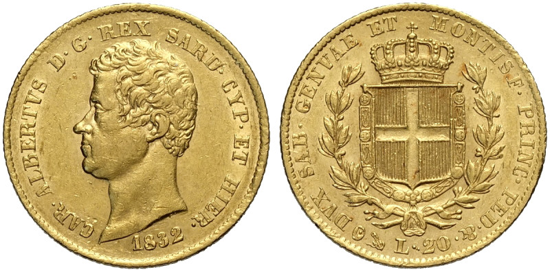 Savoia, Carlo Alberto (1831-1849), 20 Lire 1832 Genova T/rigato, Au 21 mm , ex a...