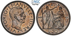 Regno d'Italia, Vittorio Emanuele III (1900-1943), 20 Lire 1931, RRR coniati 50 esemplari, Ag 35,5 mm , conservazione eccezionale, in Slab NGC MS66 To...