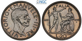 Regno d'Italia, Vittorio Emanuele III (1900-1943), 20 Lire 1933, RRR coniati 50 esemplari, Ag 35,5 mm , in Slab NGC MS63