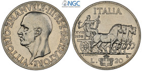 Regno d'Italia, Vittorio Emanuele III (1900-1943), 20 Lire 1939, RRRR coniati 20 esemplari, Ag 35,5 mm , in Slab NGC UNC-cleaned (moneta pulita)