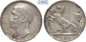 Regno d'Italia, Vittorio Emanuele III (1900-1943), 10 Lire 1931, RRR coniati 50 esemplari, Ag 27 mm , in Slab NGC UNC-Cleaned (leggera pulitura)